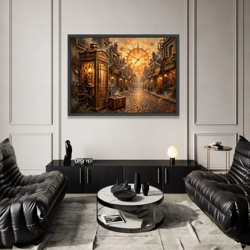 Steampunk City Street, Vintage Telephone Booth Canvas, Large Clock Wall Art, Industrial Fantasy Scene, Retro Street Canvas Canvas Print Art