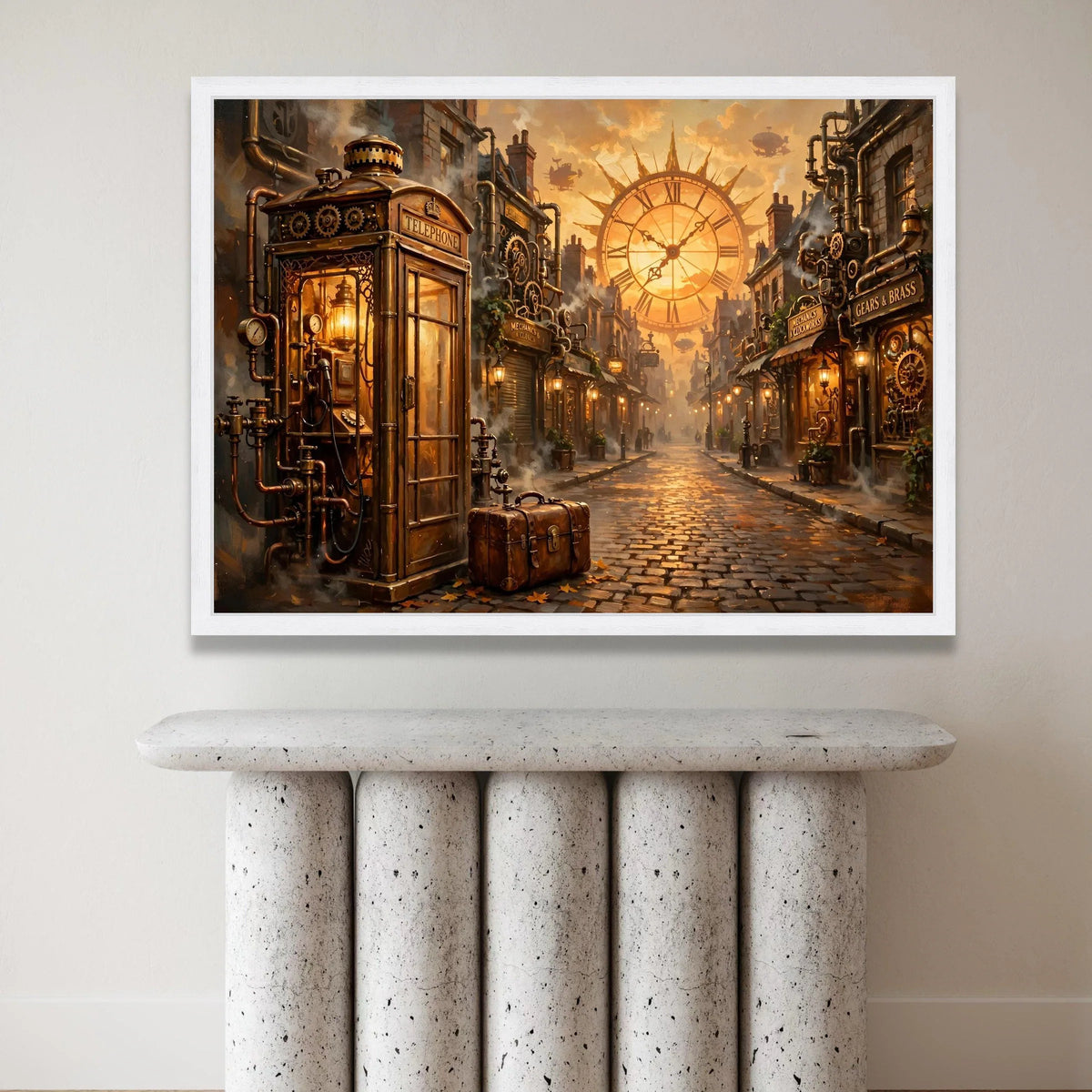 Steampunk City Street, Vintage Telephone Booth Canvas, Large Clock Wall Art, Industrial Fantasy Scene, Retro Street Canvas Canvas Print Art