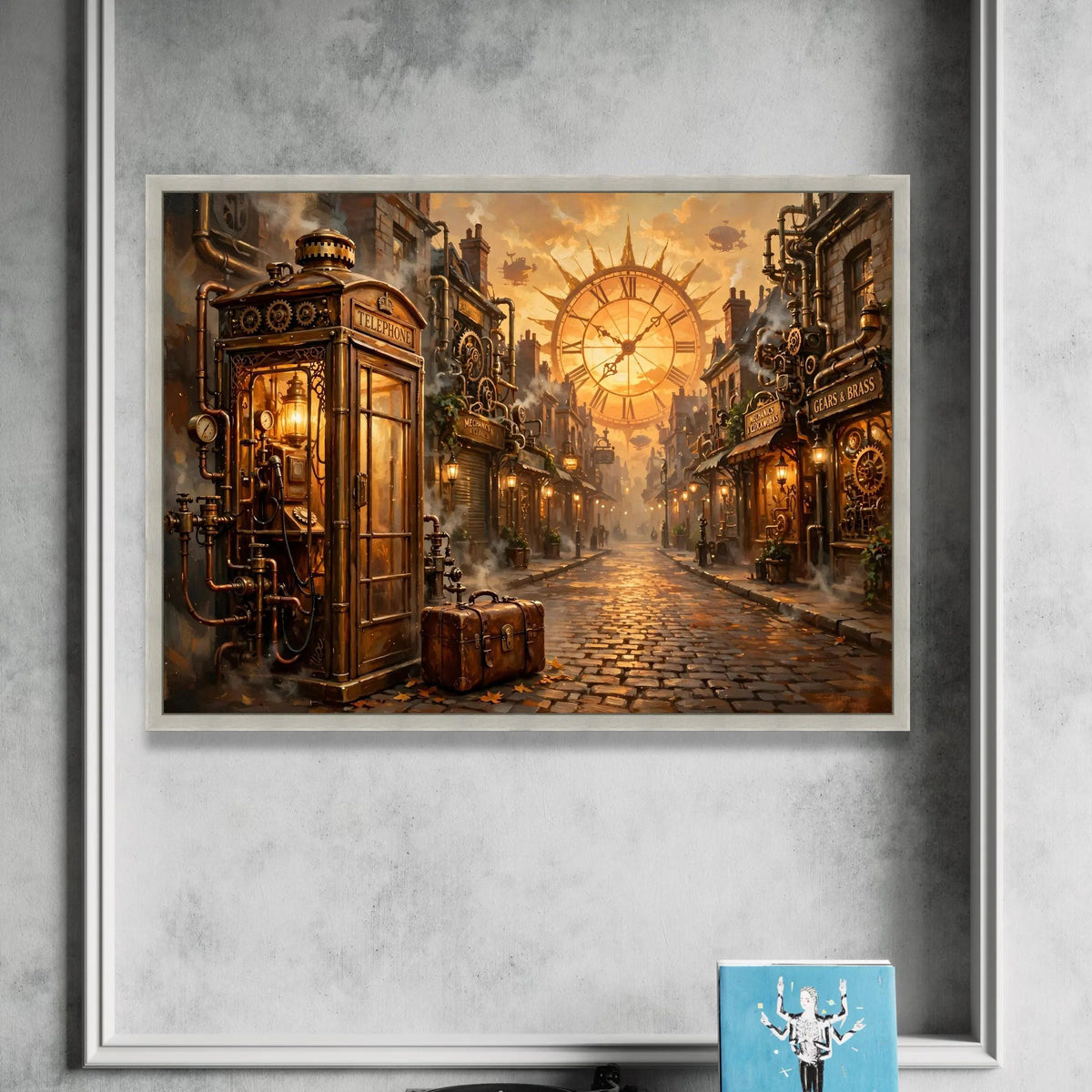 Steampunk City Street, Vintage Telephone Booth Canvas, Large Clock Wall Art, Industrial Fantasy Scene, Retro Street Canvas Canvas Print Art
