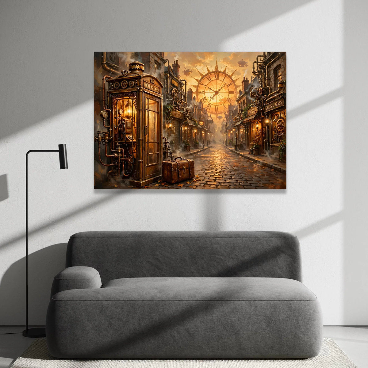 Steampunk City Street, Vintage Telephone Booth Canvas, Large Clock Wall Art, Industrial Fantasy Scene, Retro Street Canvas Canvas Print Art