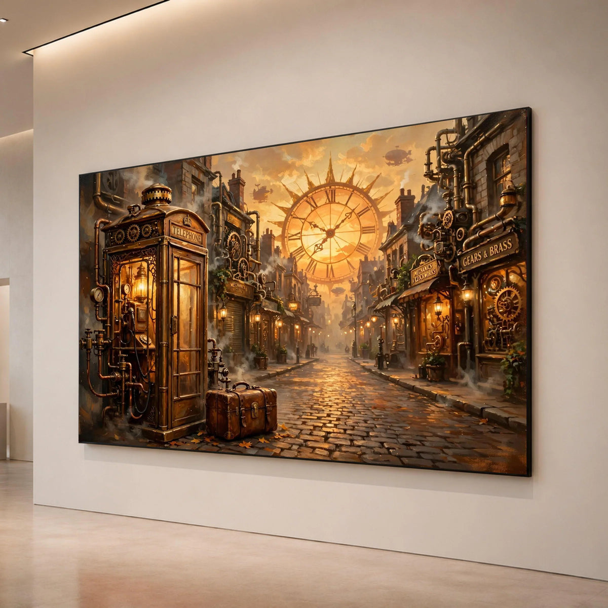 Steampunk City Street, Vintage Telephone Booth Canvas, Large Clock Wall Art, Industrial Fantasy Scene, Retro Street Canvas Canvas Print Art