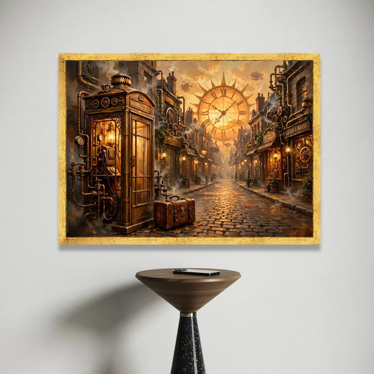 Steampunk City Street, Vintage Telephone Booth Canvas, Large Clock Wall Art, Industrial Fantasy Scene, Retro Street Canvas Canvas Print Art