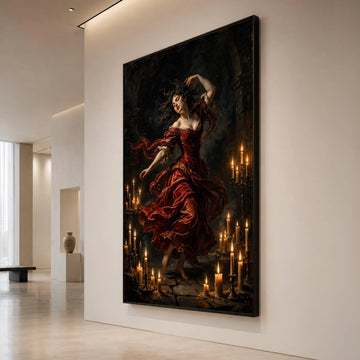Enchanting Flamenco Dancer, Vintage Red Dress Canvas, Candlelit Dance Scene, Romantic Wall Art, Classic Elegance Canvas Canvas Print Art