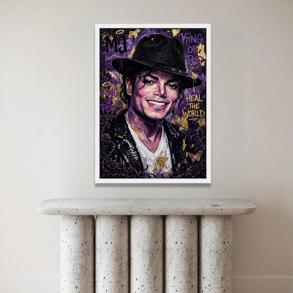 Iconic Pop Star Portrait Canvas, King of Pop Wall Art, Purple and Gold Home Decor, Celebrity Music Legend Canvas, Vibrant Canvas Print Art