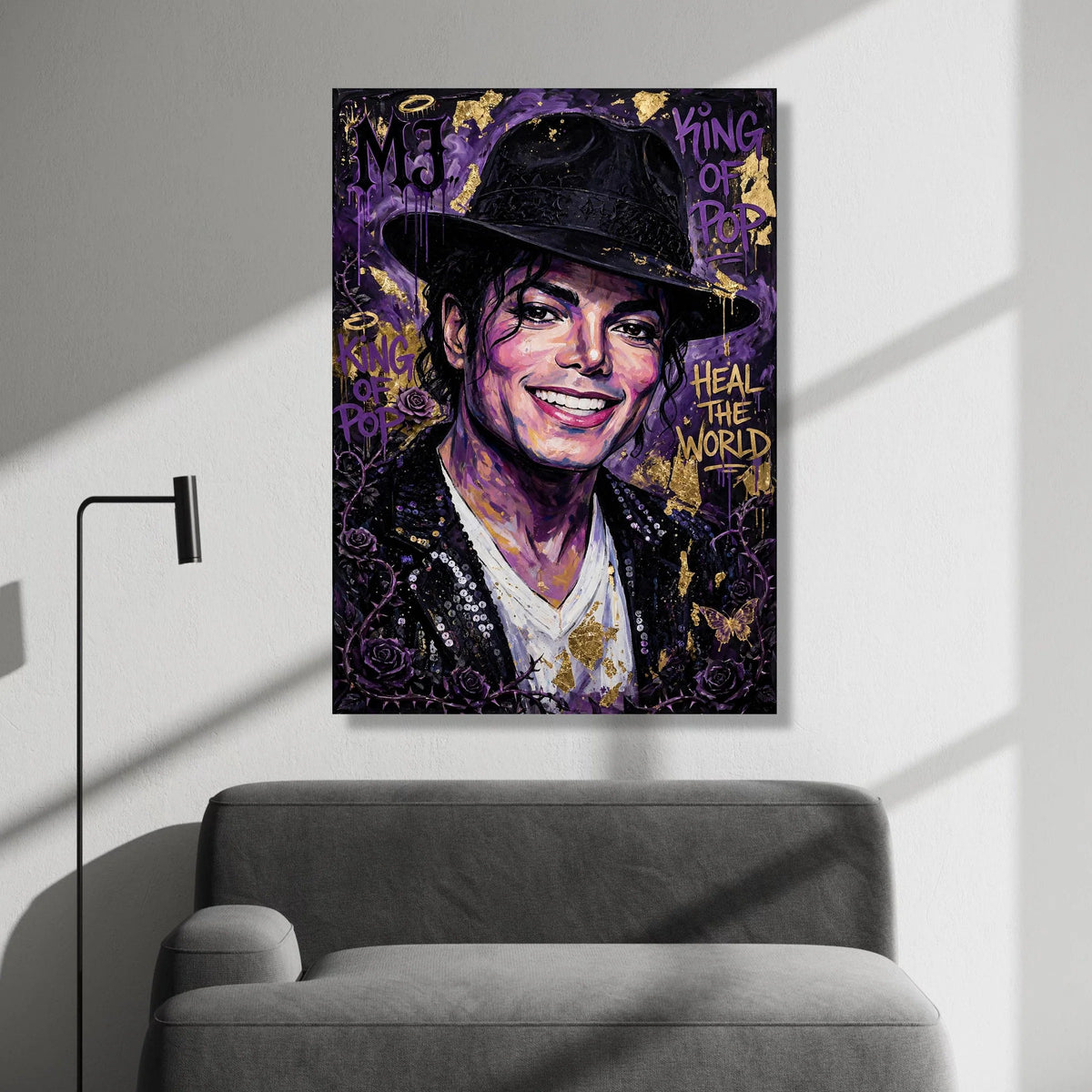 Iconic Pop Star Portrait Canvas, King of Pop Wall Art, Purple and Gold Home Decor, Celebrity Music Legend Canvas, Vibrant Canvas Print Art