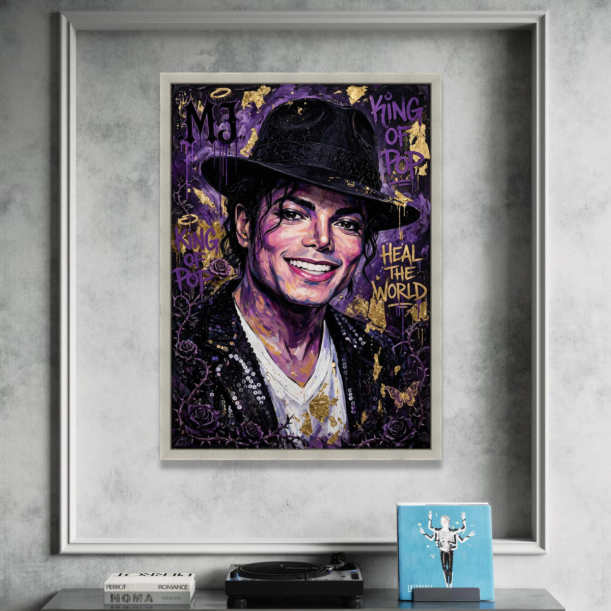 Iconic Pop Star Portrait Canvas, King of Pop Wall Art, Purple and Gold Home Decor, Celebrity Music Legend Canvas, Vibrant Canvas Print Art