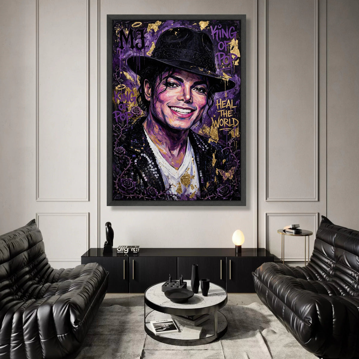 Iconic Pop Star Portrait Canvas, King of Pop Wall Art, Purple and Gold Home Decor, Celebrity Music Legend Canvas, Vibrant Canvas Print Art