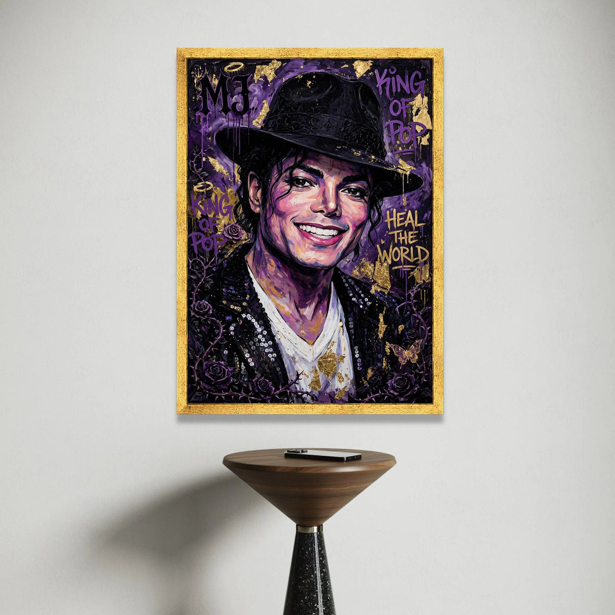 Iconic Pop Star Portrait Canvas, King of Pop Wall Art, Purple and Gold Home Decor, Celebrity Music Legend Canvas, Vibrant Canvas Print Art