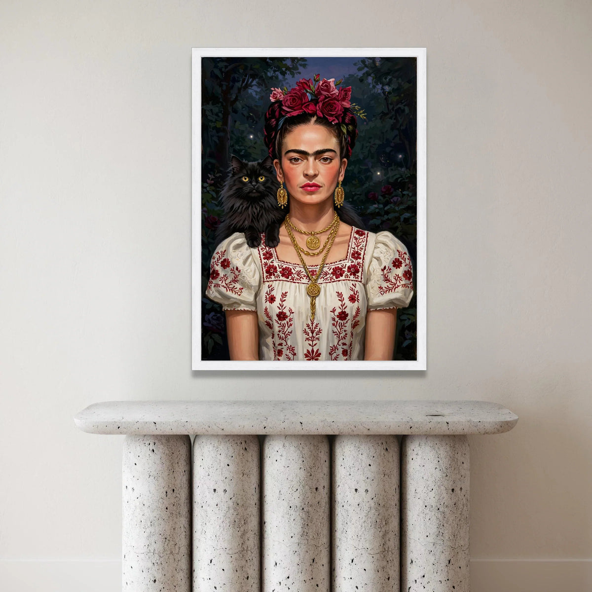 Frida Floral Crown Portrait Canvas, Woman with Black Cat Art, Mexican Style Embroidered Dress, Statement Wall Art, Home Canvas Print Art