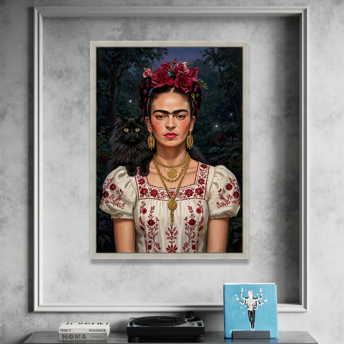 Frida Floral Crown Portrait Canvas, Woman with Black Cat Art, Mexican Style Embroidered Dress, Statement Wall Art, Home Canvas Print Art