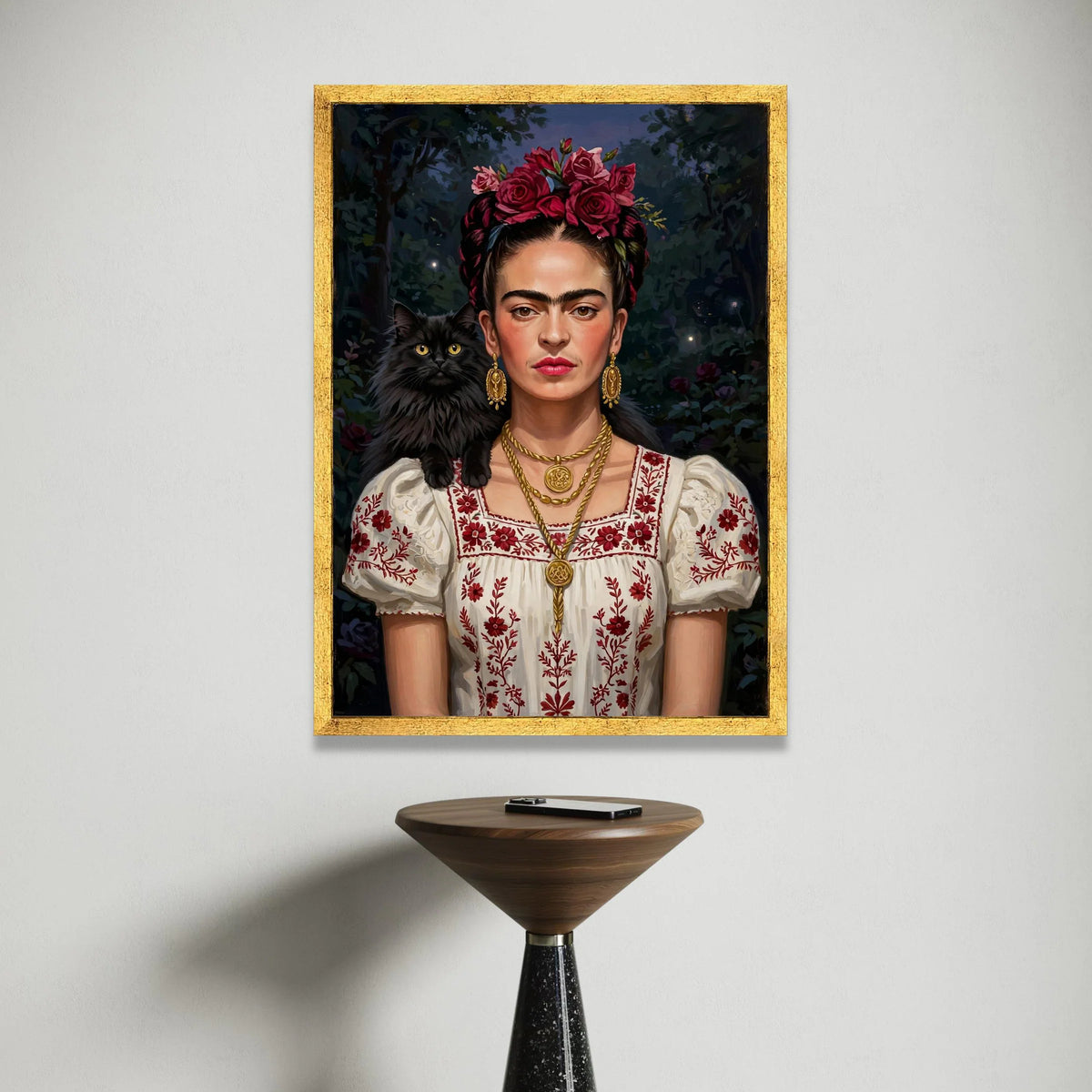 Frida Floral Crown Portrait Canvas, Woman with Black Cat Art, Mexican Style Embroidered Dress, Statement Wall Art, Home Canvas Print Art