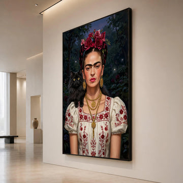 Frida Floral Crown Portrait Canvas, Woman with Black Cat Art, Mexican Style Embroidered Dress, Statement Wall Art, Home Canvas Print Art