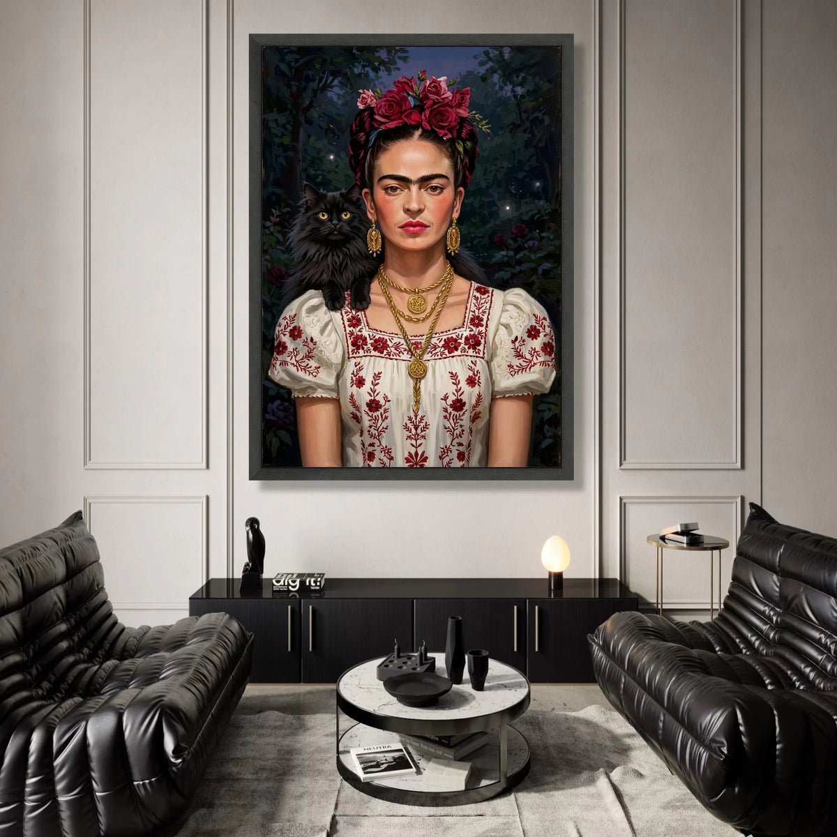 Frida Floral Crown Portrait Canvas, Woman with Black Cat Art, Mexican Style Embroidered Dress, Statement Wall Art, Home Canvas Print Art
