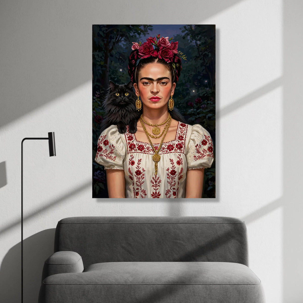Frida Floral Crown Portrait Canvas, Woman with Black Cat Art, Mexican Style Embroidered Dress, Statement Wall Art, Home Canvas Print Art