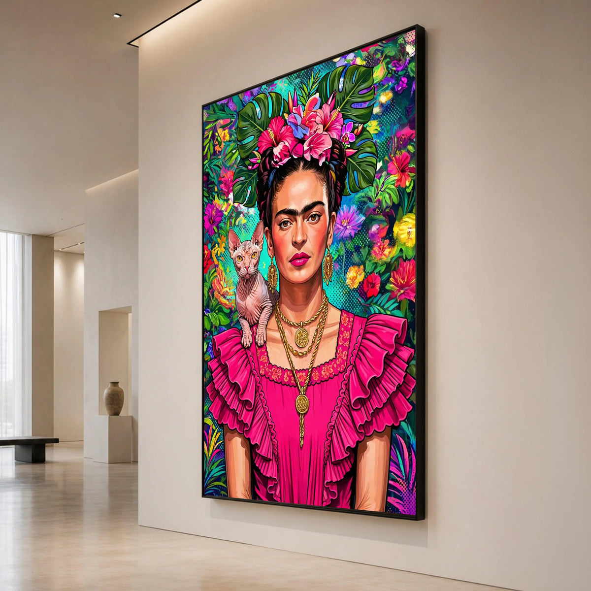 Vibrant Frida Portrait Canvas, Tropical Floral Headdress Wall Art, Bold Pink Dress Decoration, Exotic Cat Companion Print Canvas Print Art