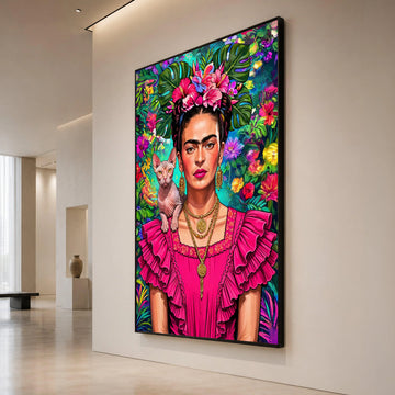 Vibrant Frida Portrait Canvas, Tropical Floral Headdress Wall Art, Bold Pink Dress Decoration, Exotic Cat Companion Print Canvas Print Art