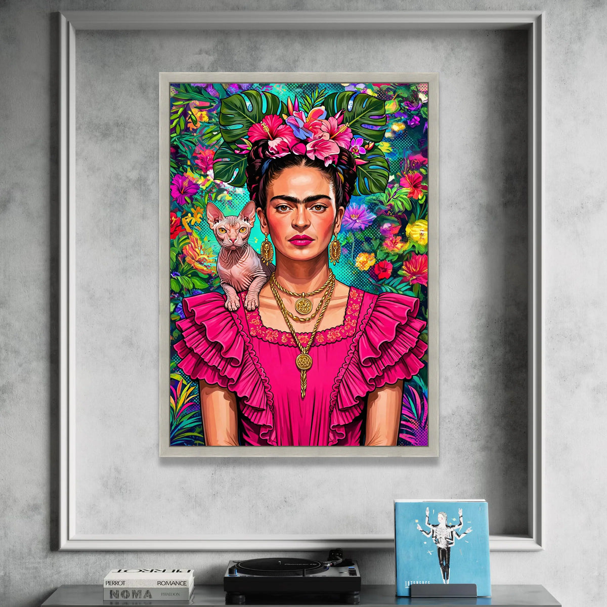Vibrant Frida Portrait Canvas, Tropical Floral Headdress Wall Art, Bold Pink Dress Decoration, Exotic Cat Companion Print Canvas Print Art