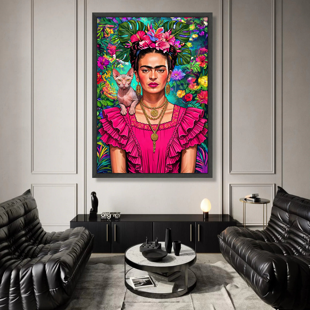 Vibrant Frida Portrait Canvas, Tropical Floral Headdress Wall Art, Bold Pink Dress Decoration, Exotic Cat Companion Print Canvas Print Art