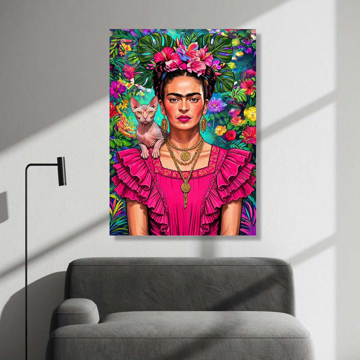 Vibrant Frida Portrait Canvas, Tropical Floral Headdress Wall Art, Bold Pink Dress Decoration, Exotic Cat Companion Print Canvas Print Art