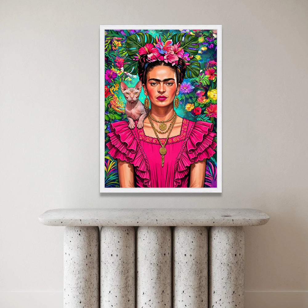 Vibrant Frida Portrait Canvas, Tropical Floral Headdress Wall Art, Bold Pink Dress Decoration, Exotic Cat Companion Print Canvas Print Art