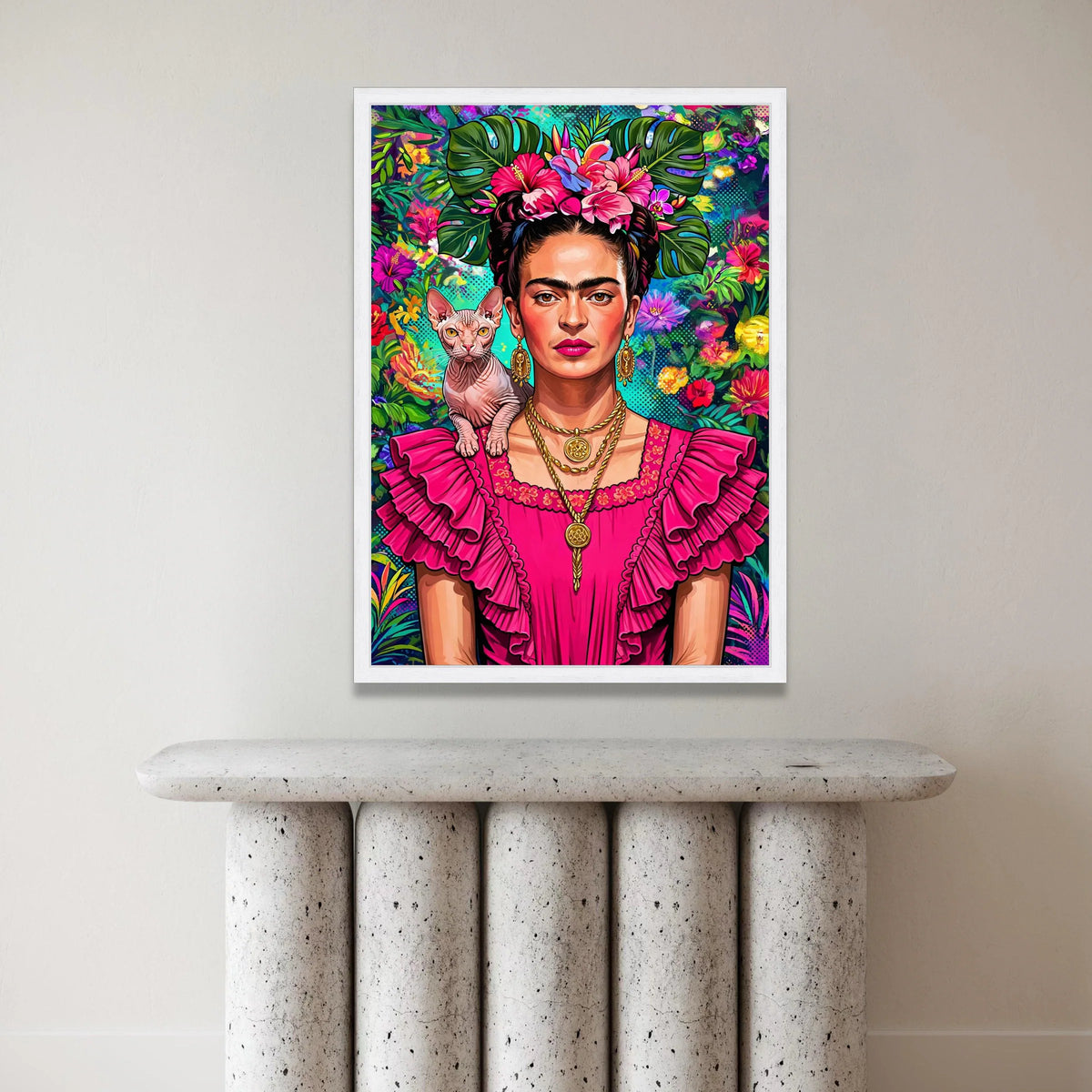 Vibrant Frida Portrait Canvas, Tropical Floral Headdress Wall Art, Bold Pink Dress Decoration, Exotic Cat Companion Print Canvas Print Art