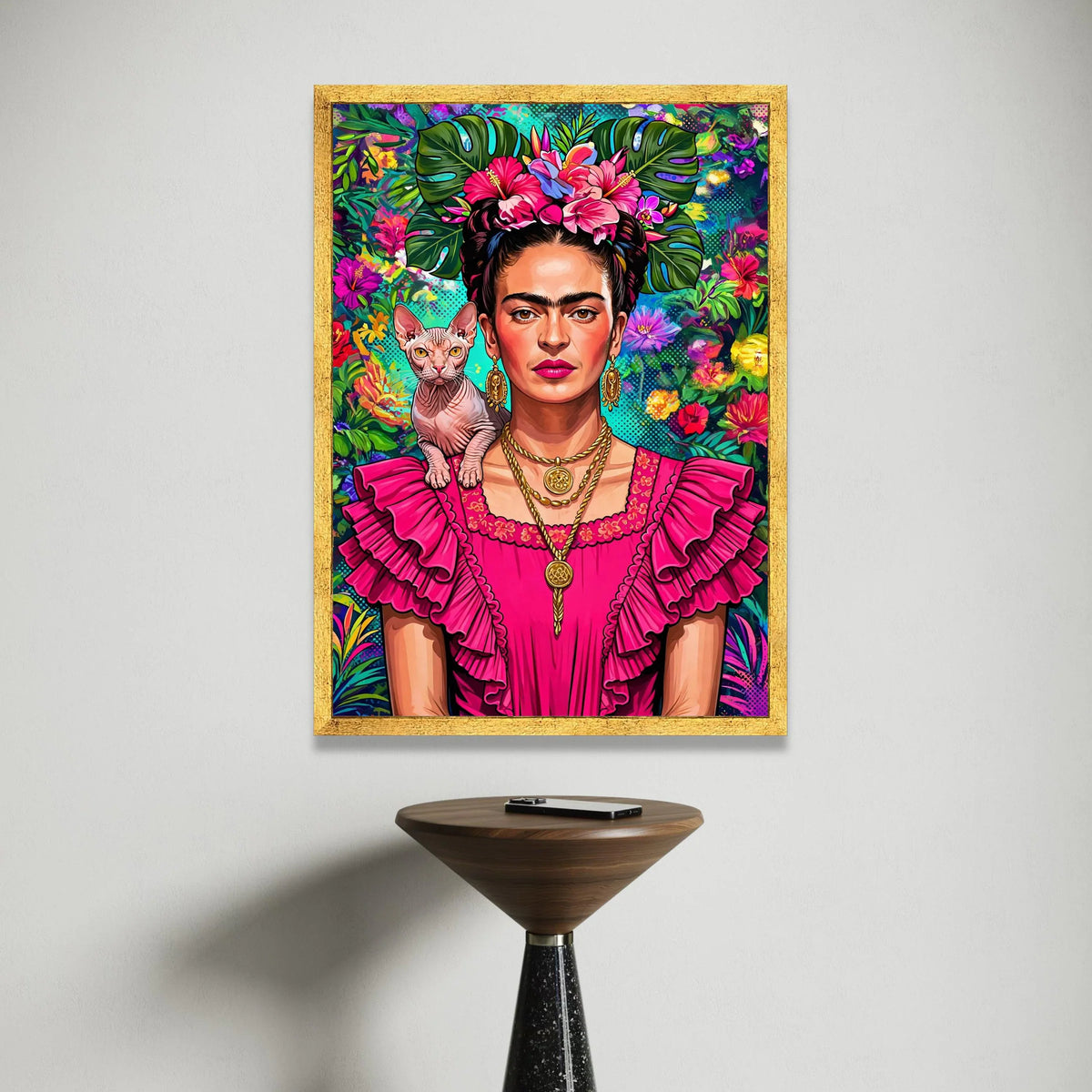 Vibrant Frida Portrait Canvas, Tropical Floral Headdress Wall Art, Bold Pink Dress Decoration, Exotic Cat Companion Print Canvas Print Art