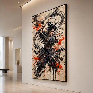 Fierce Samurai Warrior Attack, Action Pose Canvas, Japanese Armor Canvas Art, Dynamic Battle Scene, Martial Arts Wall Canvas Print Art