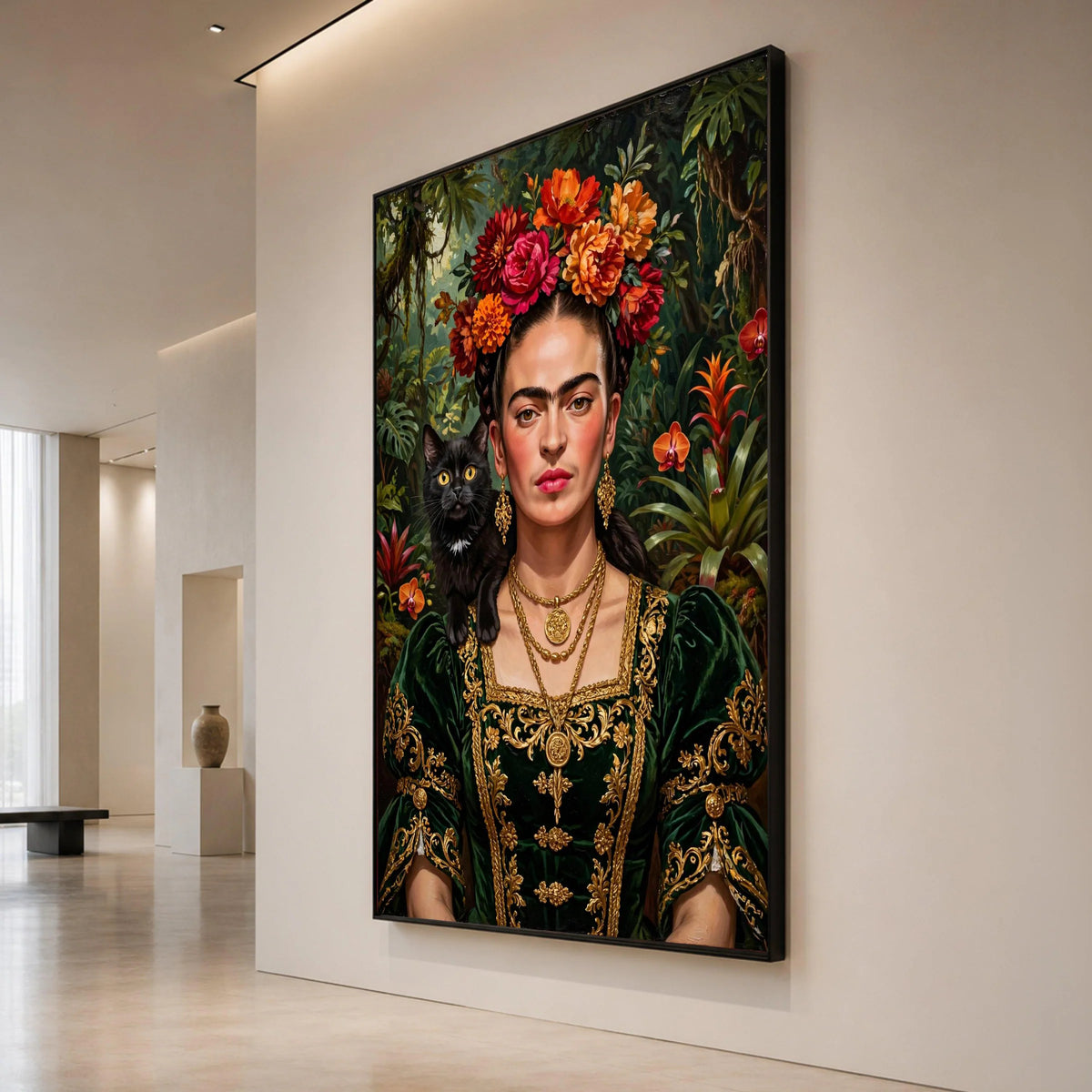 Elegant Woman Portrait with Floral Headpiece and Black Cat, Vintage Style Canvas Wall Art, Gold Embroidery Dress Painting, Canvas Print Art