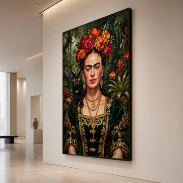 Elegant Woman Portrait with Floral Headpiece and Black Cat, Vintage Style Canvas Wall Art, Gold Embroidery Dress Painting, Canvas Print Art