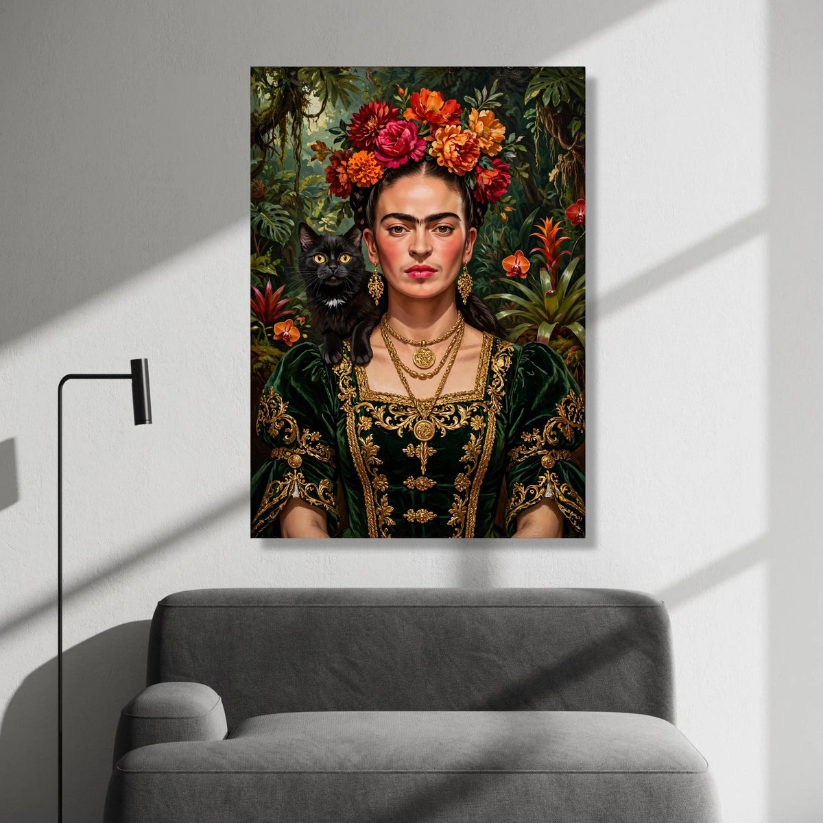 Elegant Woman Portrait with Floral Headpiece and Black Cat, Vintage Style Canvas Wall Art, Gold Embroidery Dress Painting, Canvas Print Art