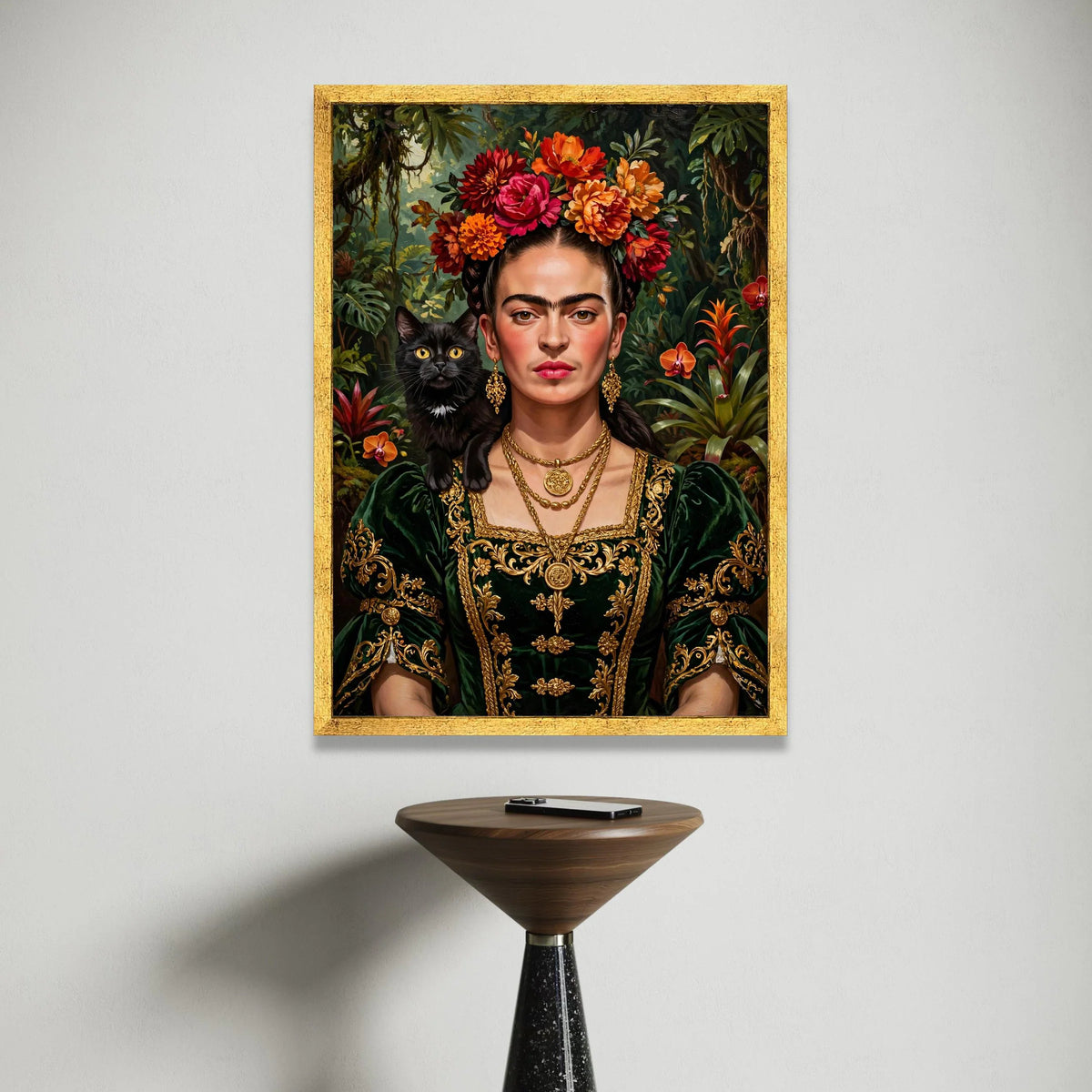 Elegant Woman Portrait with Floral Headpiece and Black Cat, Vintage Style Canvas Wall Art, Gold Embroidery Dress Painting, Canvas Print Art