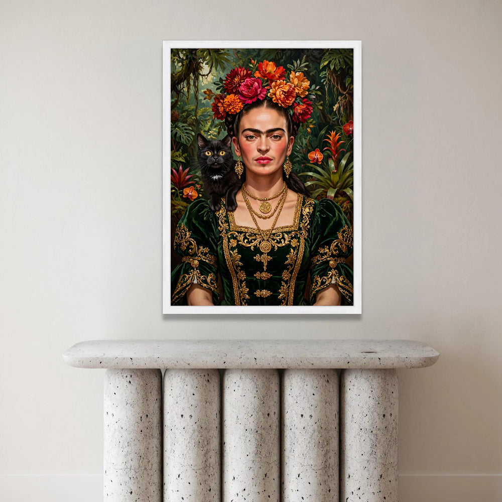 Elegant Woman Portrait with Floral Headpiece and Black Cat, Vintage Style Canvas Wall Art, Gold Embroidery Dress Painting, Canvas Print Art