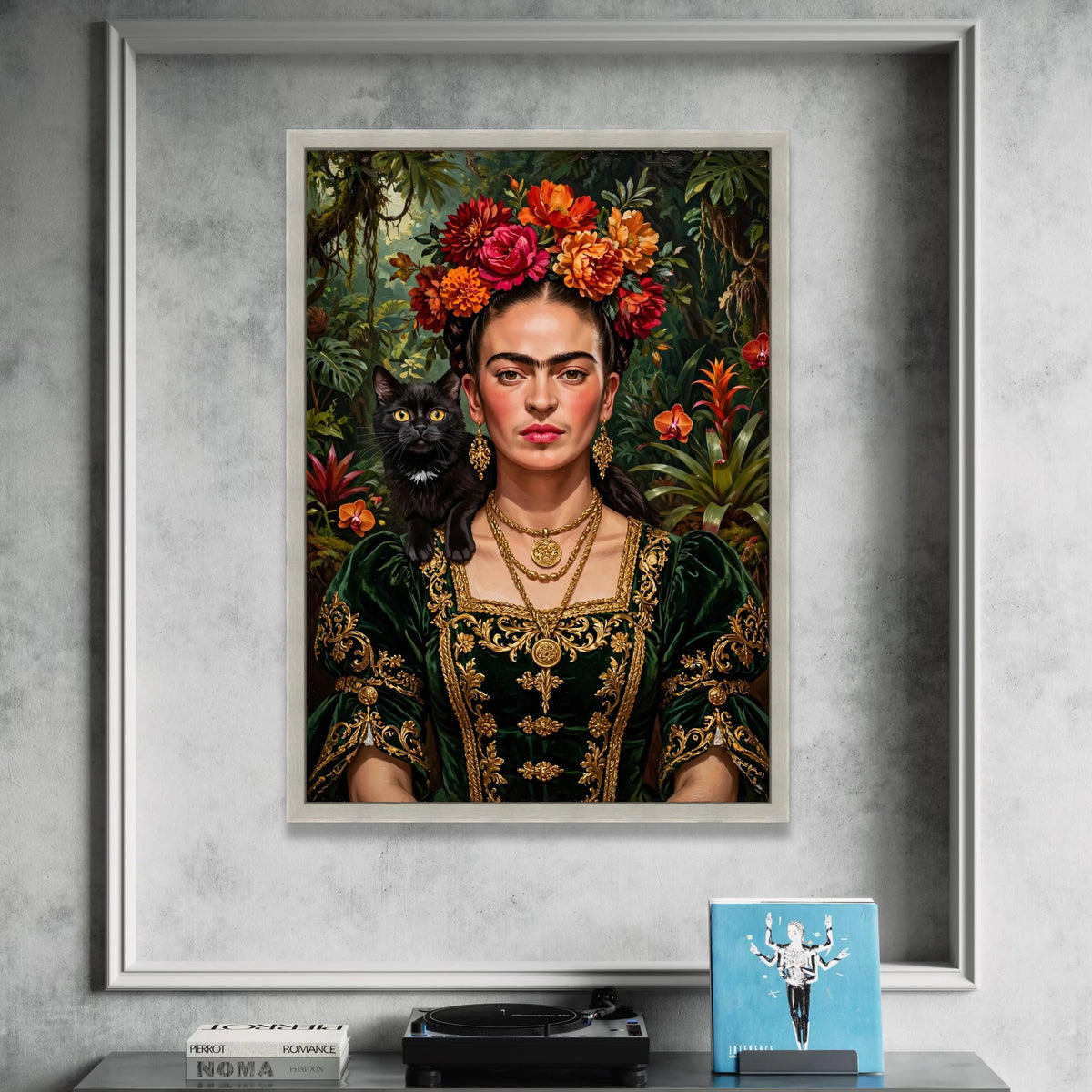 Elegant Woman Portrait with Floral Headpiece and Black Cat, Vintage Style Canvas Wall Art, Gold Embroidery Dress Painting, Canvas Print Art