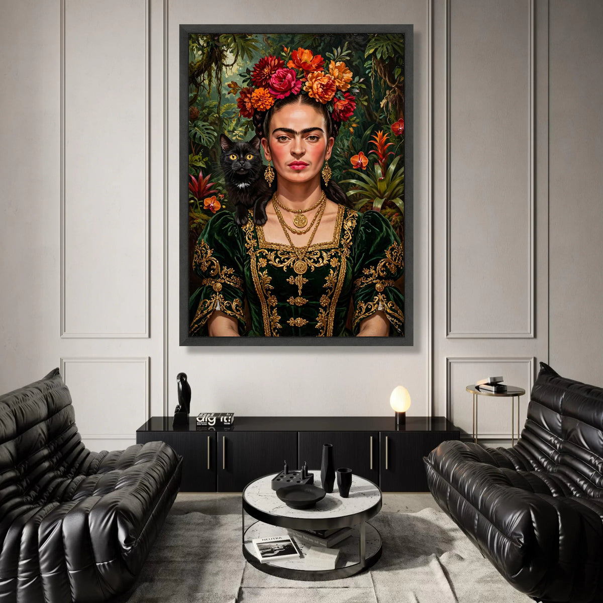Elegant Woman Portrait with Floral Headpiece and Black Cat, Vintage Style Canvas Wall Art, Gold Embroidery Dress Painting, Canvas Print Art