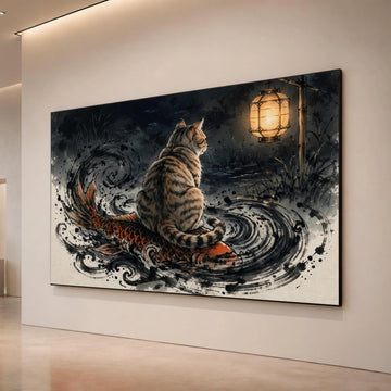 Enchanted Night Scene Canvas, Cat on Koi Fish Art, Japanese Lantern Wall Art, Mystic Water Swirls Canvas, Animal and Nature Canvas Print Art