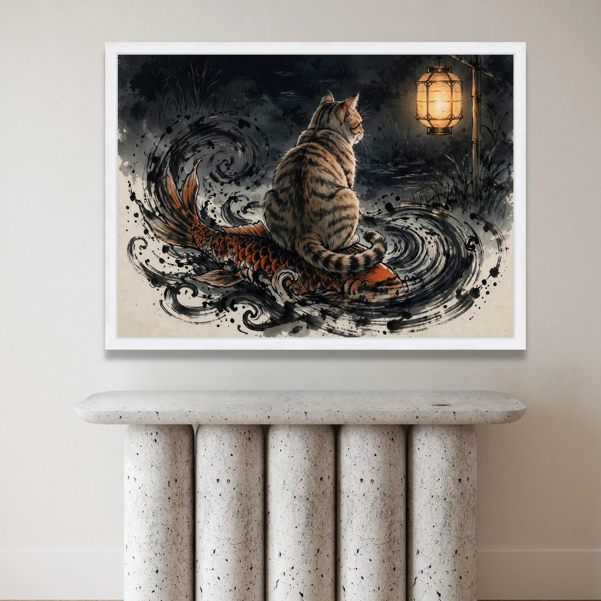 Enchanted Night Scene Canvas, Cat on Koi Fish Art, Japanese Lantern Wall Art, Mystic Water Swirls Canvas, Animal and Nature Canvas Print Art