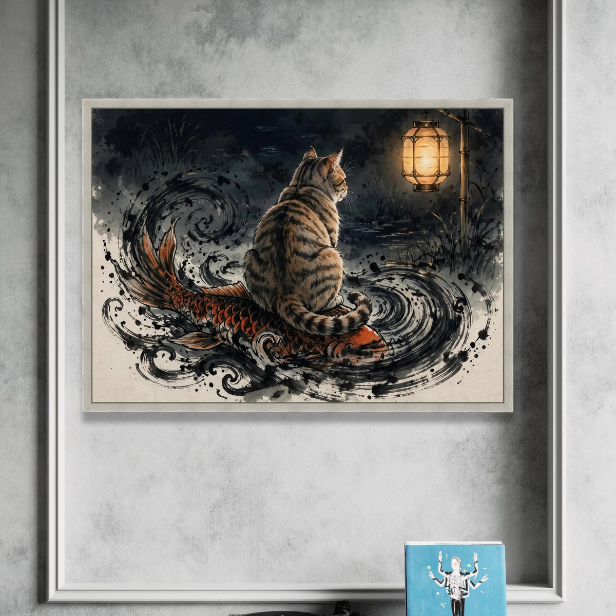 Enchanted Night Scene Canvas, Cat on Koi Fish Art, Japanese Lantern Wall Art, Mystic Water Swirls Canvas, Animal and Nature Canvas Print Art