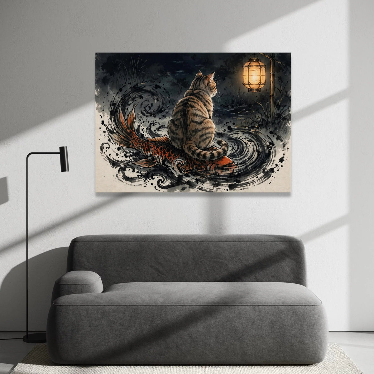 Enchanted Night Scene Canvas, Cat on Koi Fish Art, Japanese Lantern Wall Art, Mystic Water Swirls Canvas, Animal and Nature Canvas Print Art