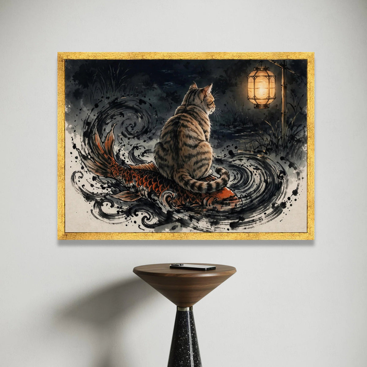 Enchanted Night Scene Canvas, Cat on Koi Fish Art, Japanese Lantern Wall Art, Mystic Water Swirls Canvas, Animal and Nature Canvas Print Art