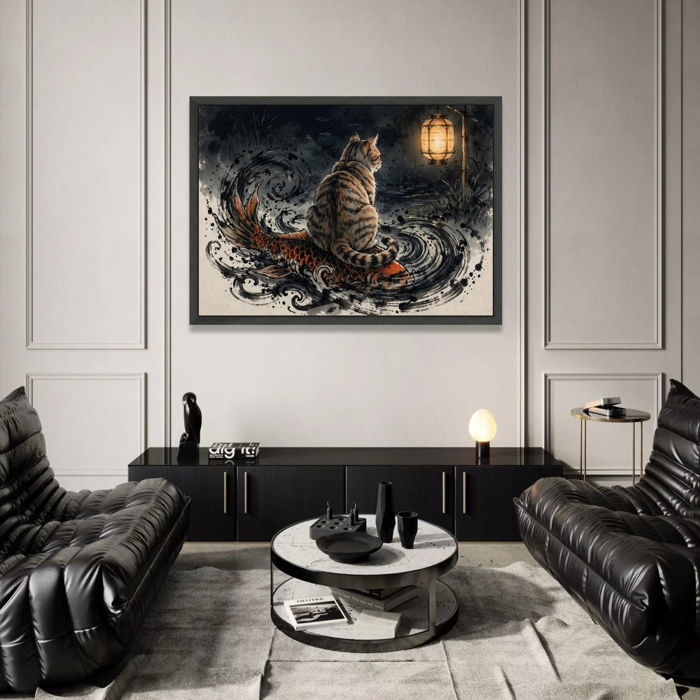 Enchanted Night Scene Canvas, Cat on Koi Fish Art, Japanese Lantern Wall Art, Mystic Water Swirls Canvas, Animal and Nature Canvas Print Art