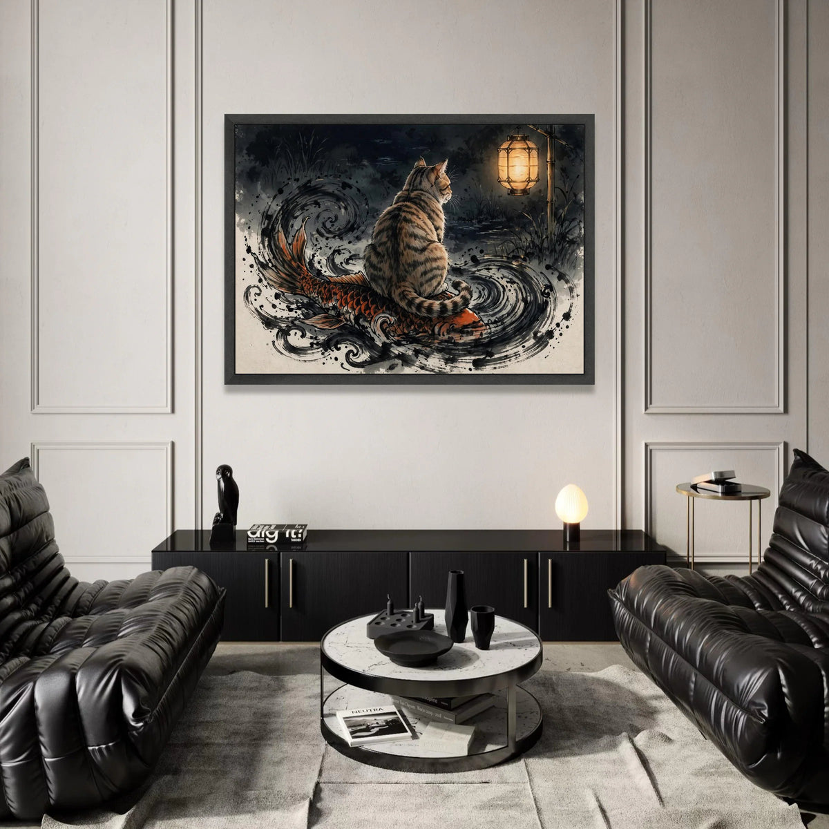 Enchanted Night Scene Canvas, Cat on Koi Fish Art, Japanese Lantern Wall Art, Mystic Water Swirls Canvas, Animal and Nature Canvas Print Art