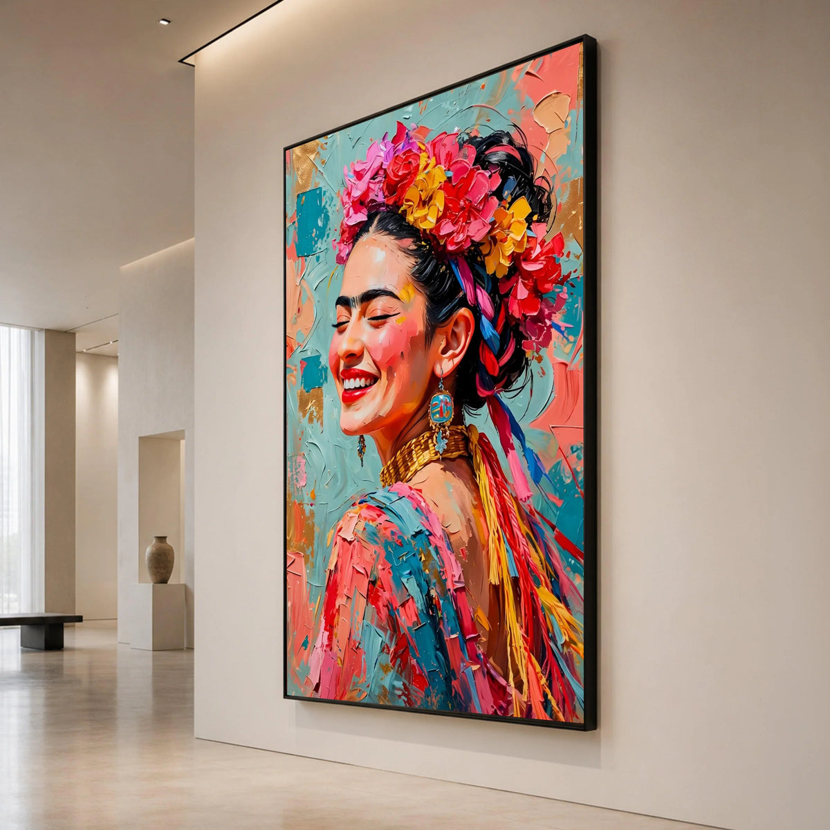 Vibrant Smiling Woman Portrait Canvas, Floral Headpiece Wall Art, Colorful Ethnic Style Canvas, Joyful Expression Canvas Print Art