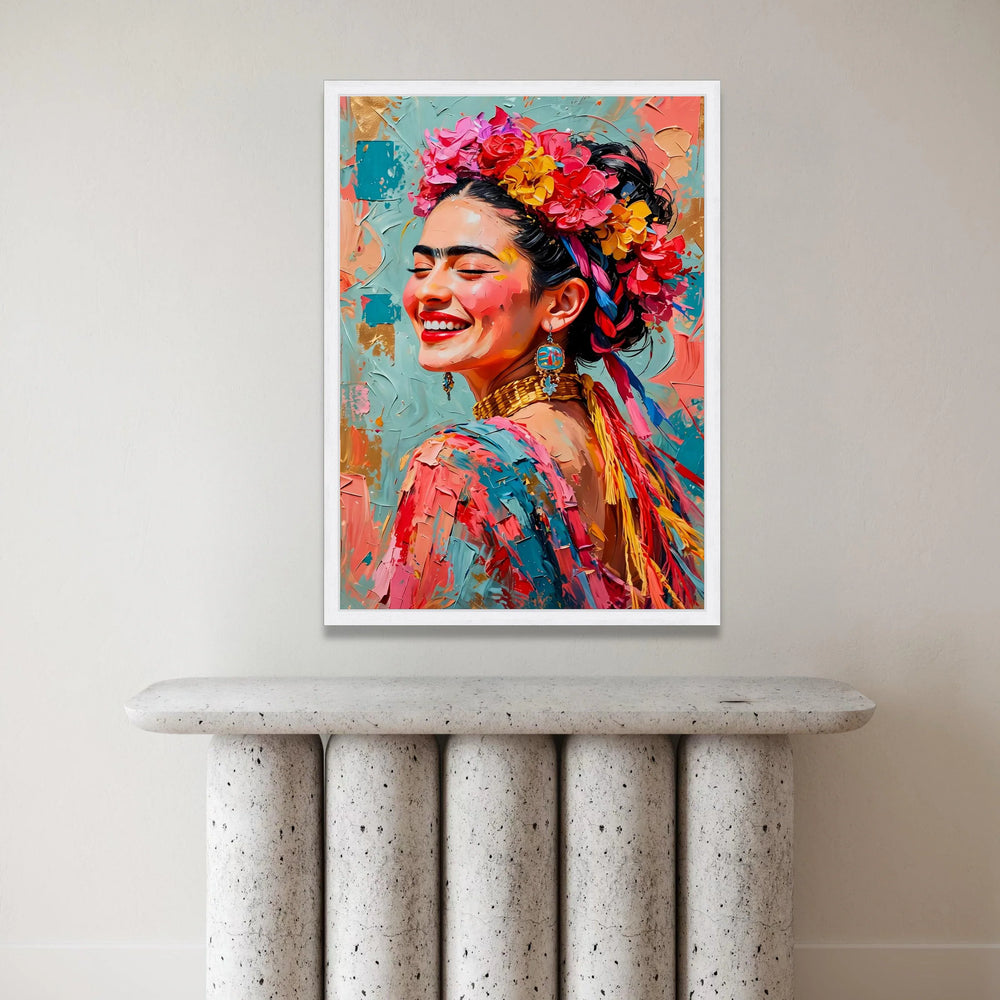 Vibrant Smiling Woman Portrait Canvas, Floral Headpiece Wall Art, Colorful Ethnic Style Canvas, Joyful Expression Canvas Print Art
