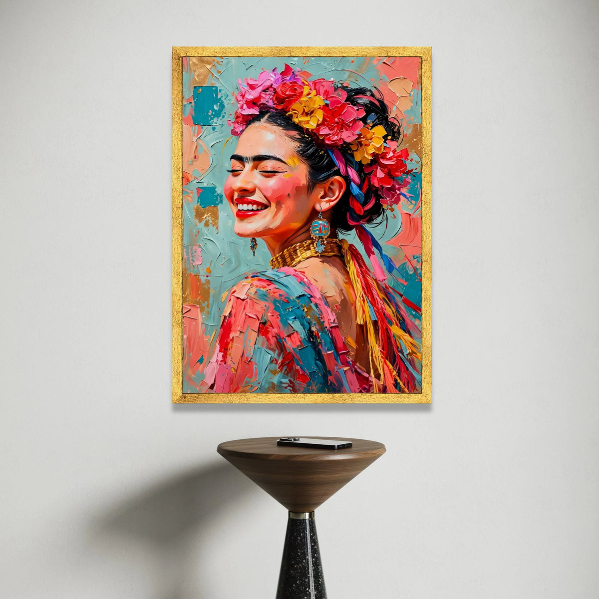 Vibrant Smiling Woman Portrait Canvas, Floral Headpiece Wall Art, Colorful Ethnic Style Canvas, Joyful Expression Canvas Print Art