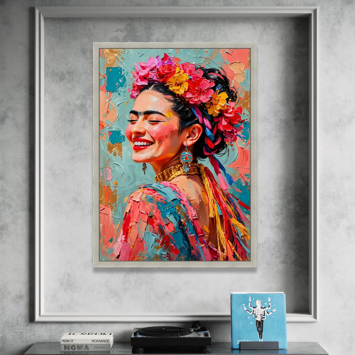 Vibrant Smiling Woman Portrait Canvas, Floral Headpiece Wall Art, Colorful Ethnic Style Canvas, Joyful Expression Canvas Print Art