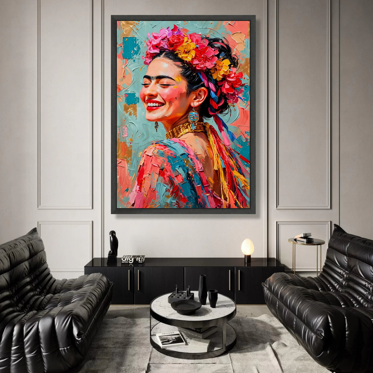 Vibrant Smiling Woman Portrait Canvas, Floral Headpiece Wall Art, Colorful Ethnic Style Canvas, Joyful Expression Canvas Print Art