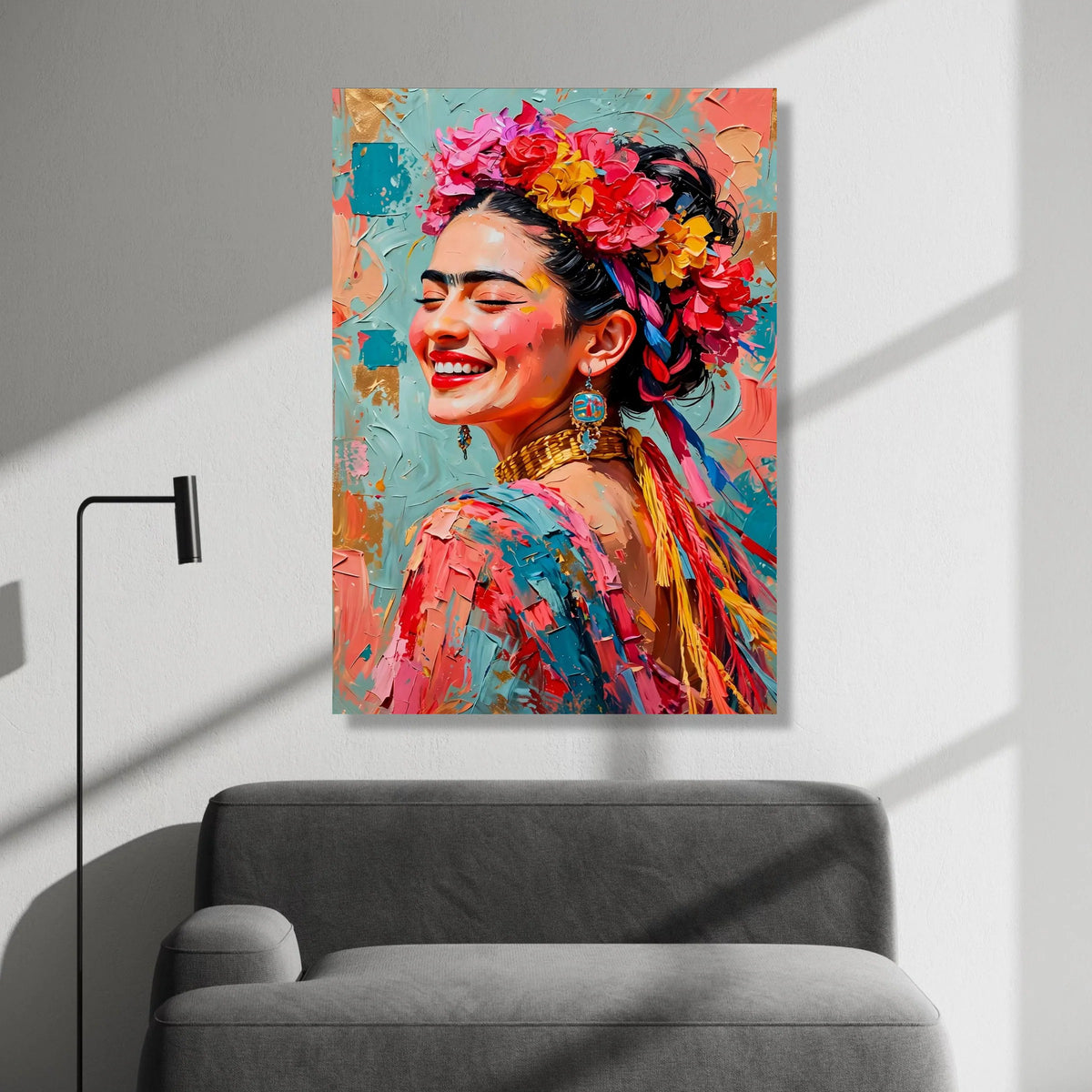 Vibrant Smiling Woman Portrait Canvas, Floral Headpiece Wall Art, Colorful Ethnic Style Canvas, Joyful Expression Canvas Print Art