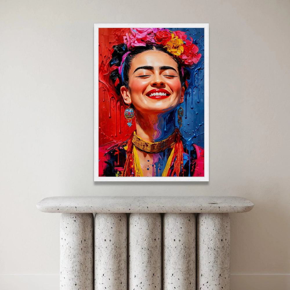 Vibrant Smiling Woman Canvas, Colorful Floral Headpiece Wall Art, Contemporary Portrait Canvas, Expressive Face Decor, Canvas Print Art