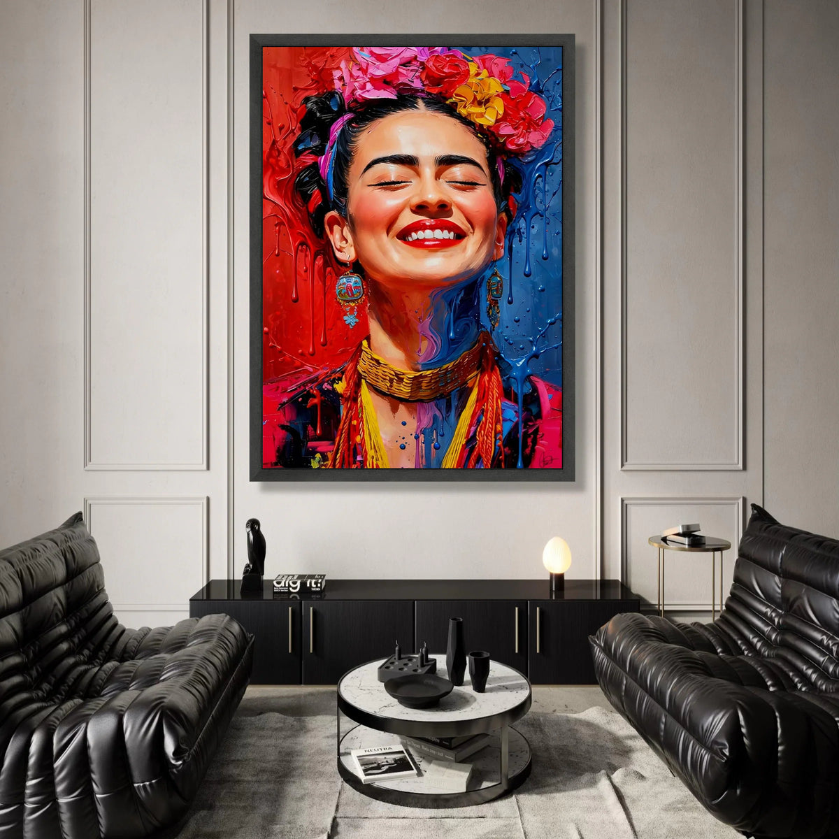 Vibrant Smiling Woman Canvas, Colorful Floral Headpiece Wall Art, Contemporary Portrait Canvas, Expressive Face Decor, Canvas Print Art