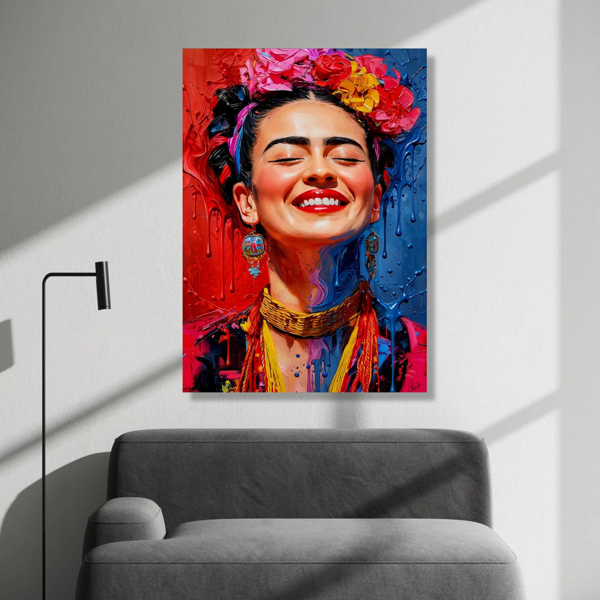Vibrant Smiling Woman Canvas, Colorful Floral Headpiece Wall Art, Contemporary Portrait Canvas, Expressive Face Decor, Canvas Print Art